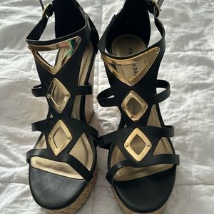 Black with gold design wedged Montego Bay sandals